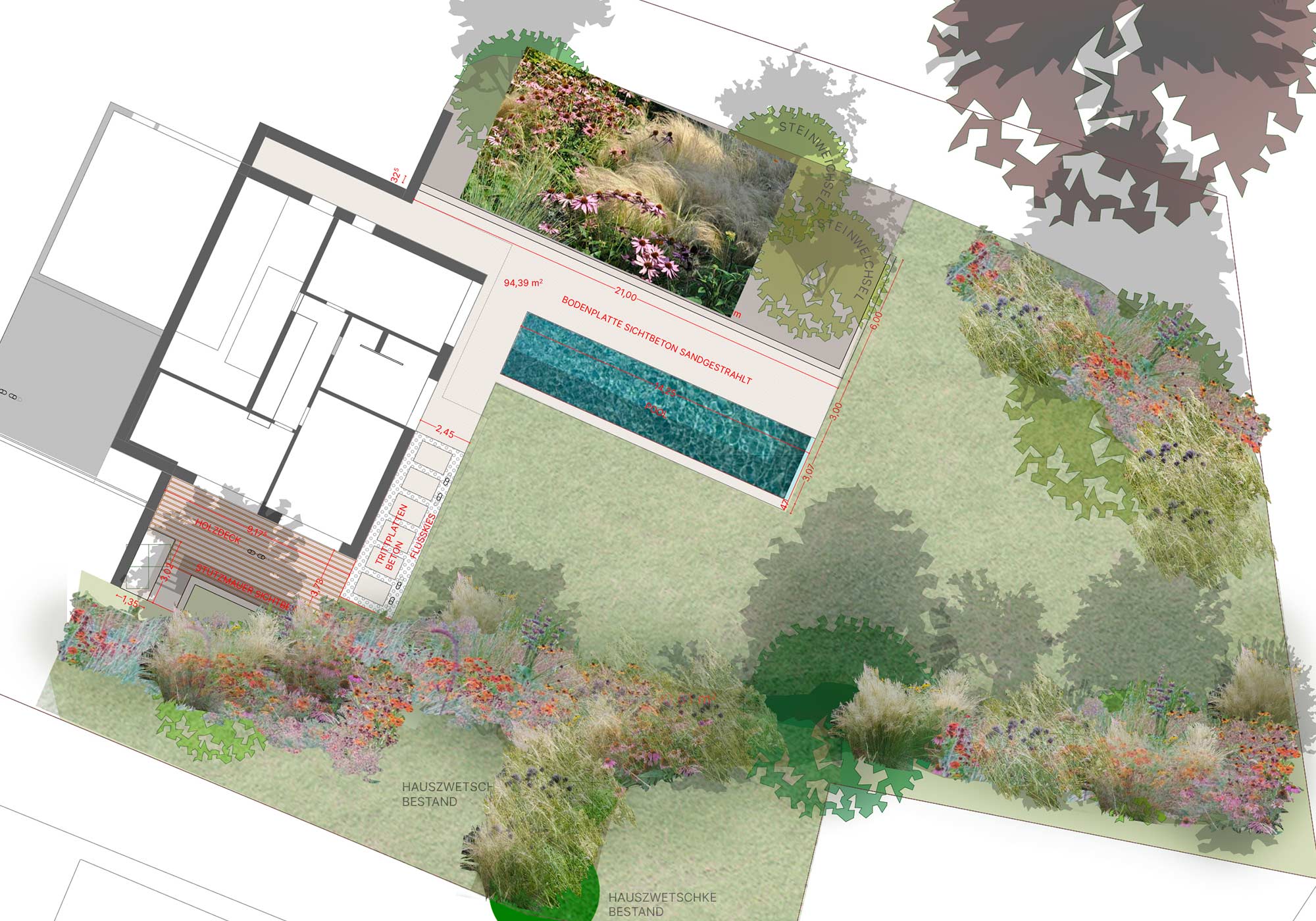 Gartenansicht mit Bepflanzung und Wegen.