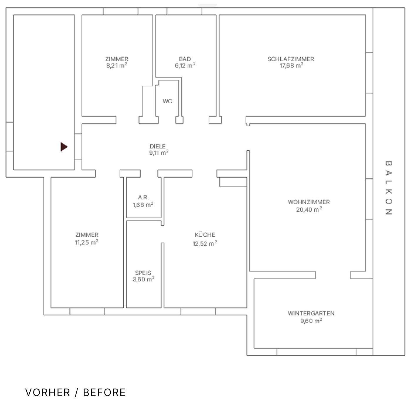 Wohnungsgrundriss mit getrennten Bädern und offener Küche.