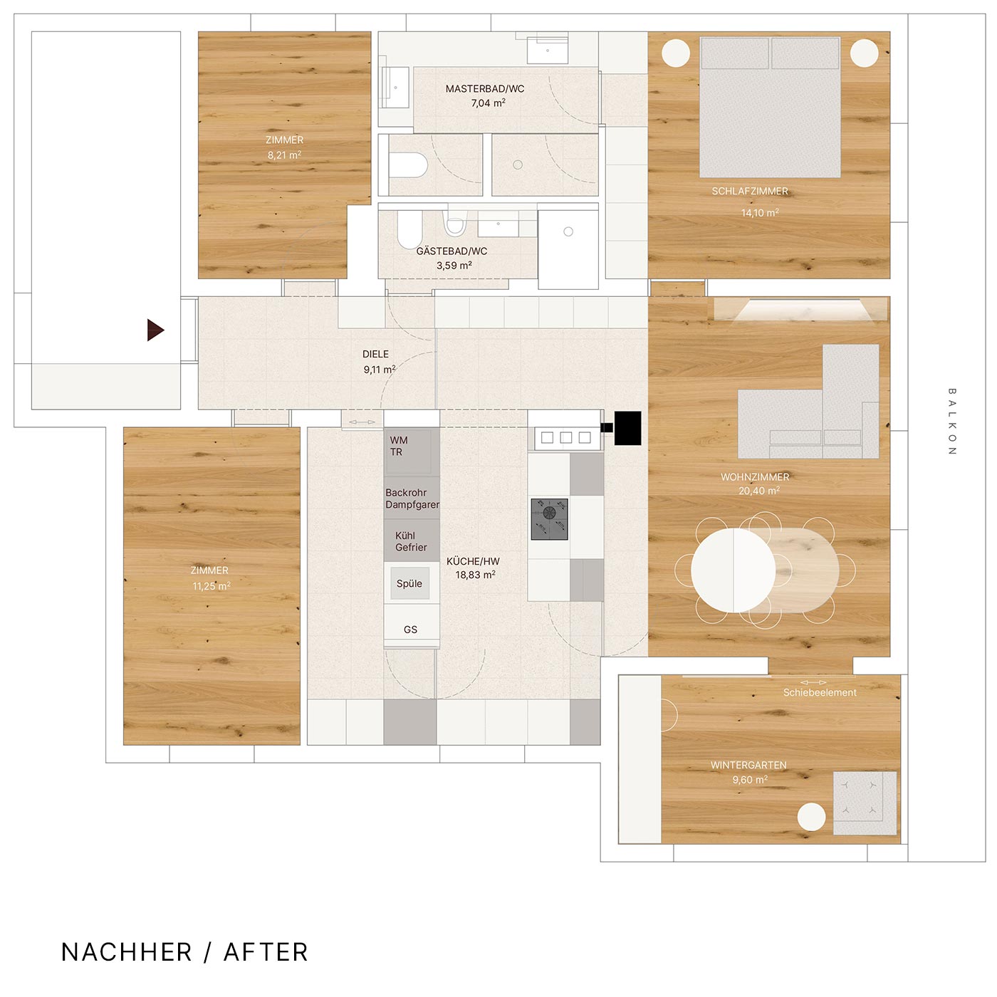 Raumplan für eine Wohnung in Salzburg mit Küche und Nebenräumen.